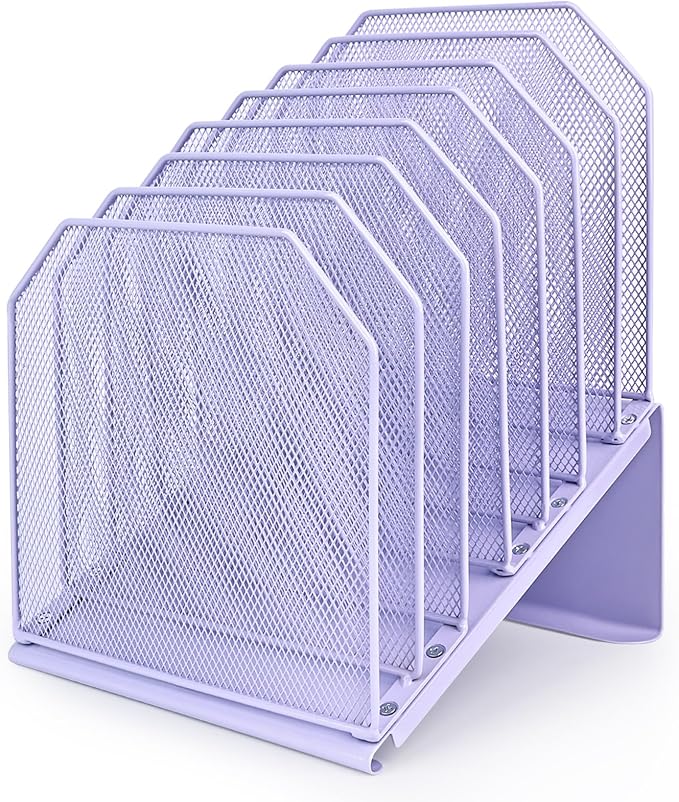 SUMMORO Inclined File Organizer for Desk, 7-Section Vertical File Holder | Office Desk Organizer Metal Rack File Folder, Wire Mesh Desktop Document Sorter, for Office School Classroom Home (Purple) by SUMMORO