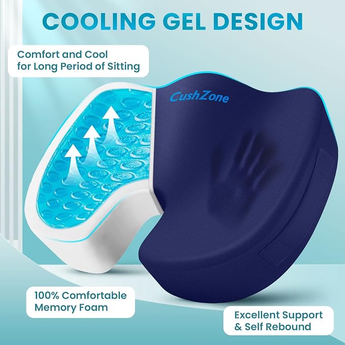 Gel Seat Cushion, Enhanced Memory Foam Cushion for Tailbone Pain, Blue | Cooling Gel for Office Chair, U-shaped Design Chair Cushion for Gaming, Car, Wheelchair, Non-Slip Base, Washable Cover - Image 2
