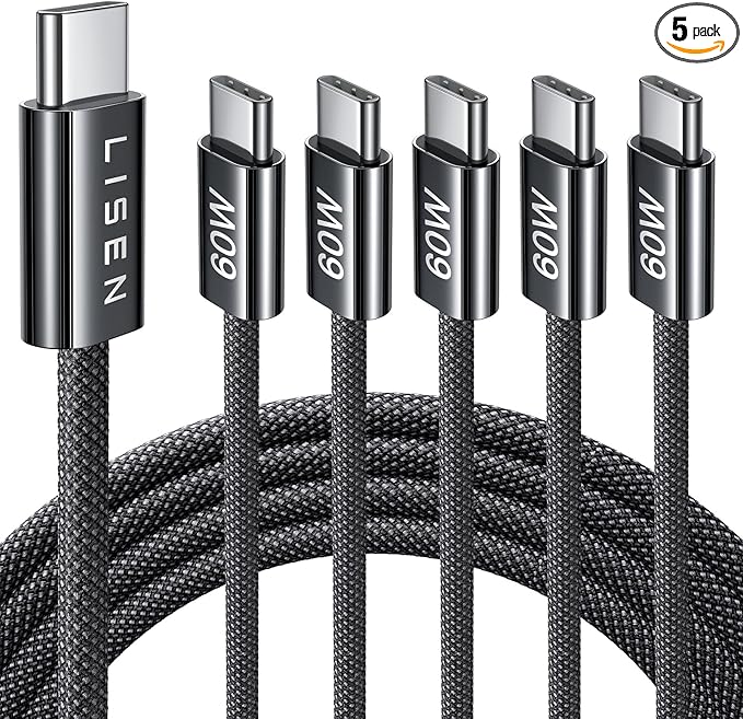 LISEN USB C Cable, 5-Pack [6.6FT] USBC to USBC Cable for iPhone 16e 15 Pro Max Charger Cord, 60W (3.1A) C to C Cable Fast Charging for Samsung S25/S24/23, Switch 2, iPad, MacBook,Black by Lisen