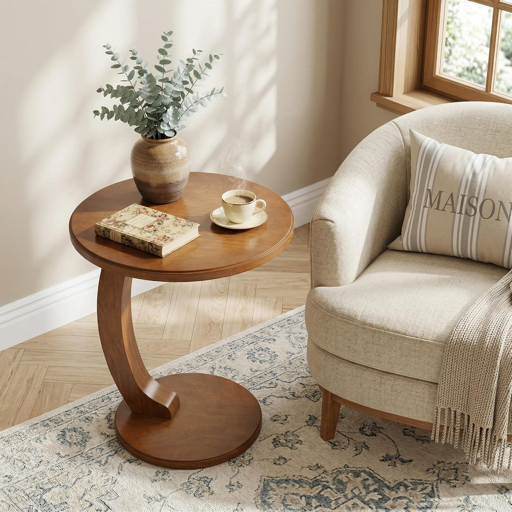 Tribesigns C Shaped End Table, Round Wood Side Table, Mid-Century Modern Style, Heavy Base, for Living Room, Bedroom, Small Space, Brown by Tribesigns