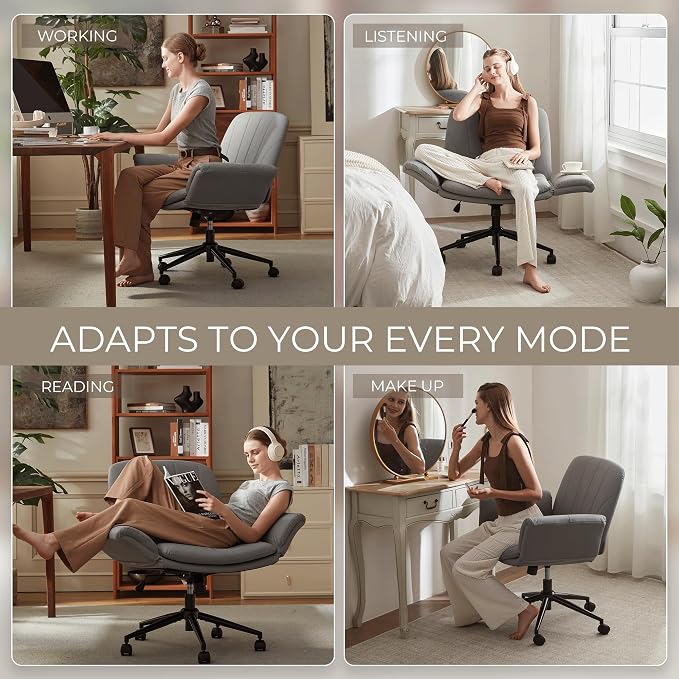 Dowinx Criss Cross Chair with Five-Level Adjustable Arms and Wheels - Comfortable Ergonomic PU Leather Swivel Vanity Chair - Computer Makeup Gaming Chair for Home Office,Bedroom,Vanity Room-Light Grey - Image 8
