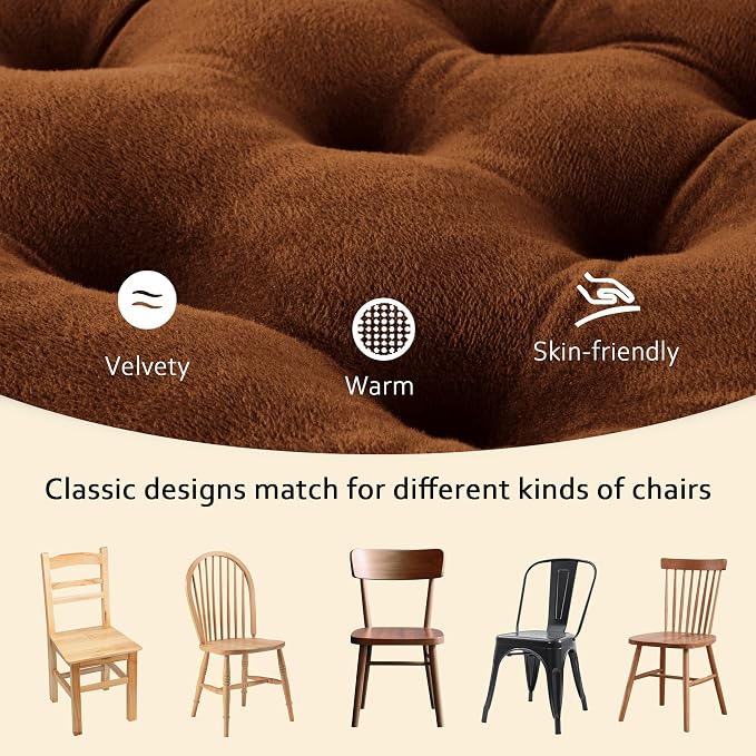 ELFJOY Set of 4 Square Chair Pads Indoor Seat Cushions Pillows with Ties Thick Soft Seat Cushion for Kitchen Dining Office Chair (18", Coffee) - Image 6