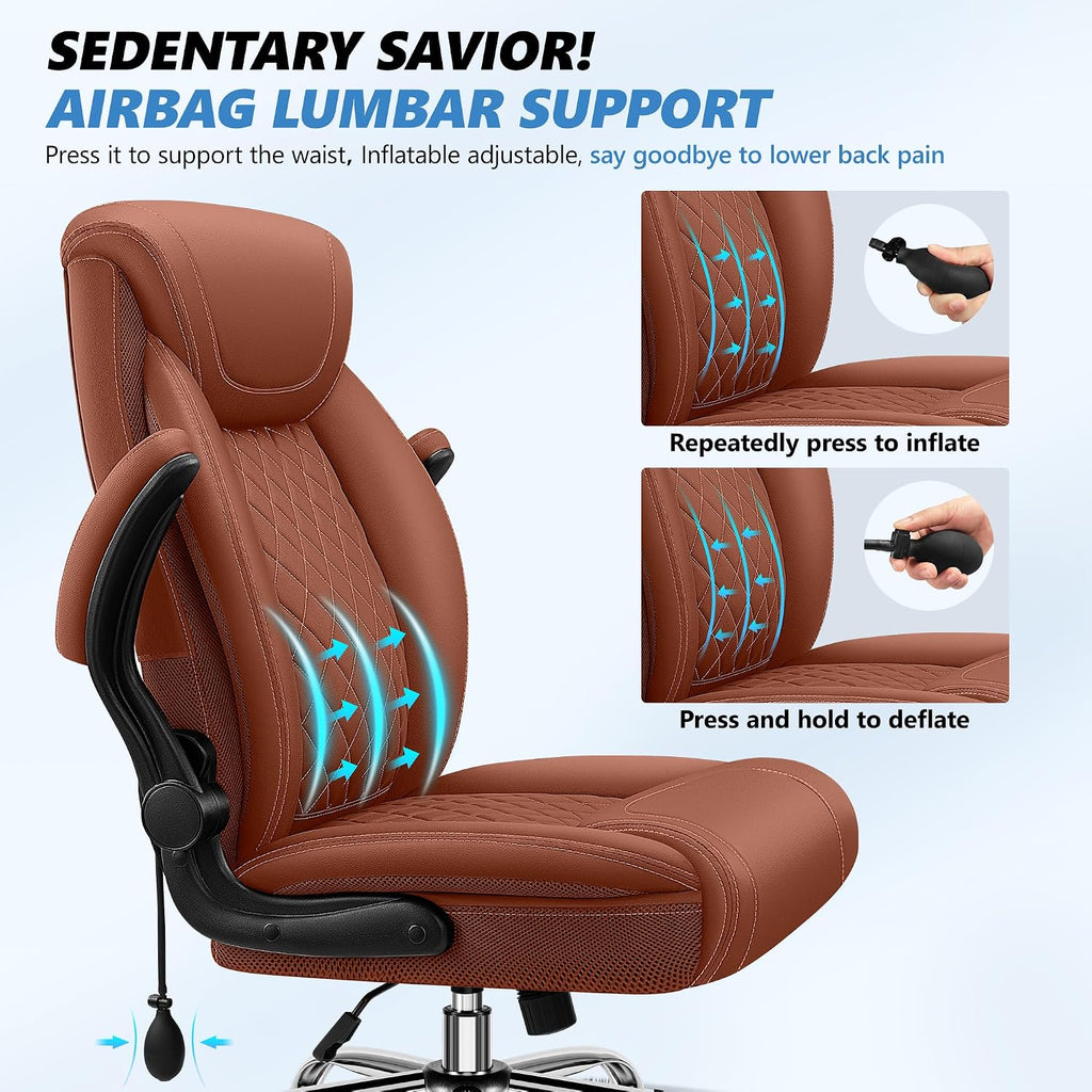 Executive Office Chair with Lumbar Support, Big and Tall Ergonomic Computer Desk Chair, Leather Comfy High Back Gaming Chair with Flip Up Arms & Rocking Function for Home Office, Brown - Image 4