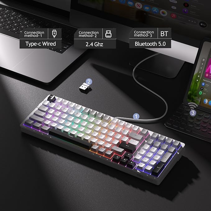 MageGee LIGHT100 Wireless Creamy Keyboard, Gasket Structure Hot Swappable, Tri-Mode 2.4G/USB-C/BT5.0 RGB Backlit Mechanical Gaming Keyboard for Win/Mac/PC, PBT Keycap, 4000mAh Battery, Grey - Image 2