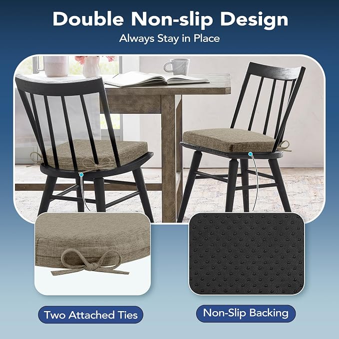 Chair Cushions for Dining Chairs, Non Slip Chair Pads with Ties and Washable Covers, Memory Foam Kitchen Chair Cushions Set of 6, 16"X16"X2.5", Khaki - Image 5