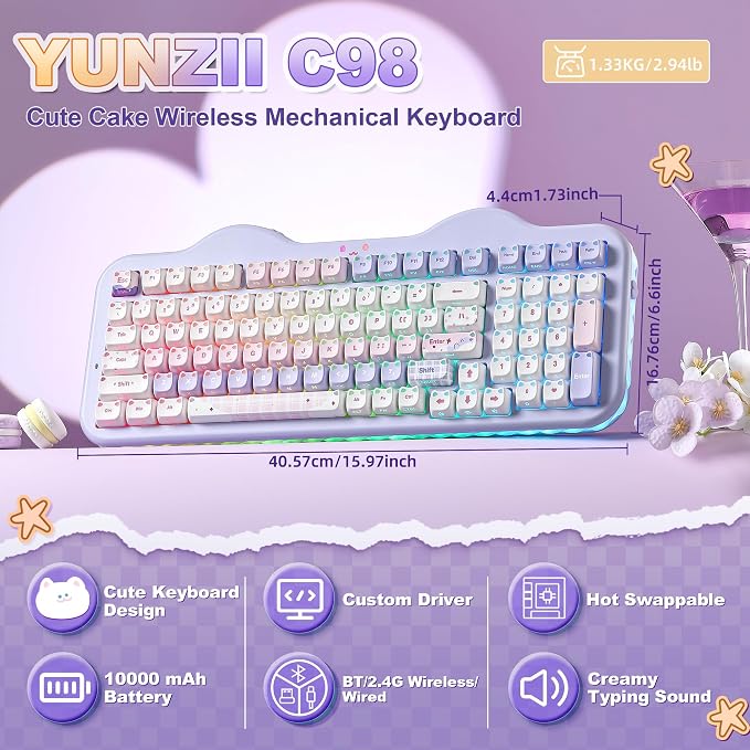 YUNZII C98 Cute Wireless Mechanical Keyboard(Purple Mao, Candy Switch) | Cake Keyboard,99 Keys with Number Pad, MAO Keycaps, BT5.0/2.4G/USB-C,Hot Swap, Gasket Mount, Custom RGB Backlight for Win/Mac - Image 2
