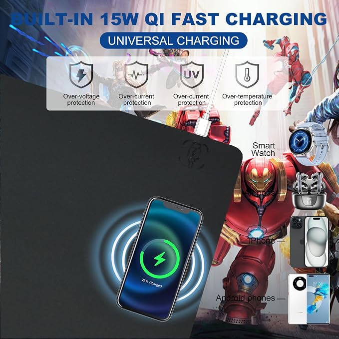 Desk Mat with Wireless Charging, Black Mouse Pad with Wireless Charger, Desk Pad Matt for Desktop, Mousepad Gaming Large Mouse Pad, Leather Compute for Keyboard and Mouse, 32" x 16" - Image 2