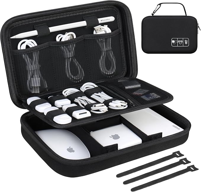 Lacdo Hard Travel Electronic Organizer Case for MacBook Power Adapter Charger, Cables, Cords, Apple Pencil, Mouse, Power Bank, USB Flash Disk, SD Cards EVA Protective Portable Accessories Bag, Black by Lacdo