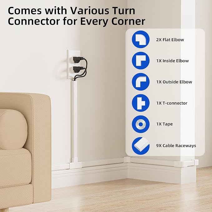Delamu Cord Hider Cover, 142in TV Cable Concealer Kit for Wall Mounted TV with Management 2-3 Wires, Paintable Cable Cover for Floor, Easy Install, W 0.94 H 0.47in, White - Image 3