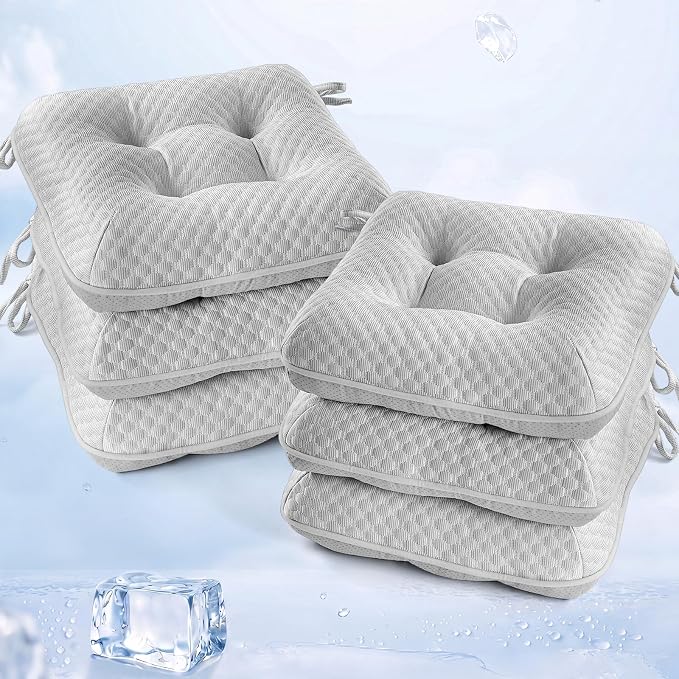 BETU Cooling Chair Cushions Set of 6, 3.5” Thick Seat Cushions, Breathable Comfort Fabric Chair Pads with Non Slip Bottom & Ties, Soft Support Cushion for Kitchen, Office, Patio,15.5"X15.5"X3.5"Gray by BETU