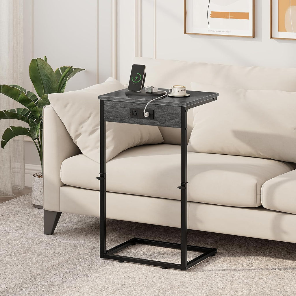 C Shaped End Table with Charging Station, Adjustable Height Side Table for Couch, Small Side Table, 33.2'' Tall Couch Tables that Slide Under, Tv Tray End Table for Living Room, Gray Walnut - Image 2