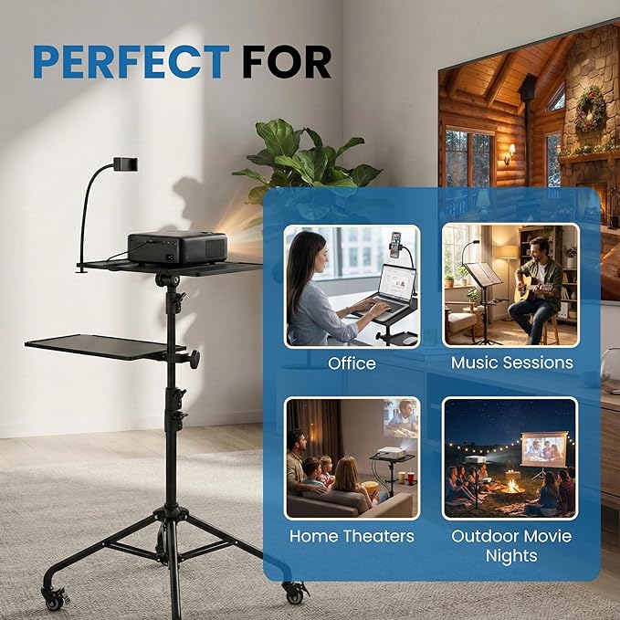 Projector Stand Tripod - 28.7 -54.3 Inch Adjustable Laptop Tripod Stand with Wheels - Dual Tray Portable Laptop Stand with Phone Holder for Office, Home, Stage, DJ Equipment & Outdoor Movies - Image 7