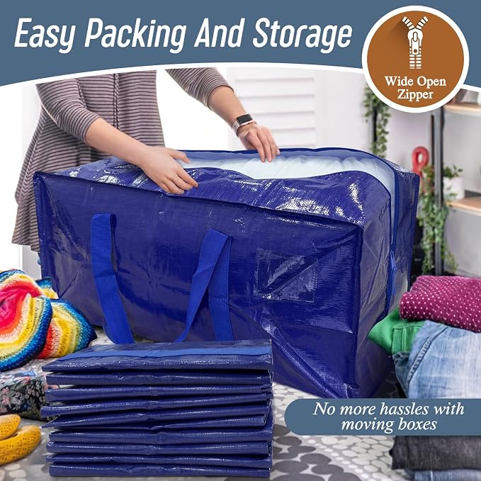 12 Pack Extra Heavy Duty Large Moving Bags with Strong Zipper, Blue | Comfortable Handles, Sturdy & Durable Clothes Storage Bags Totes Bins, Blue Packing Moving Boxes for College Supplies - Image 5