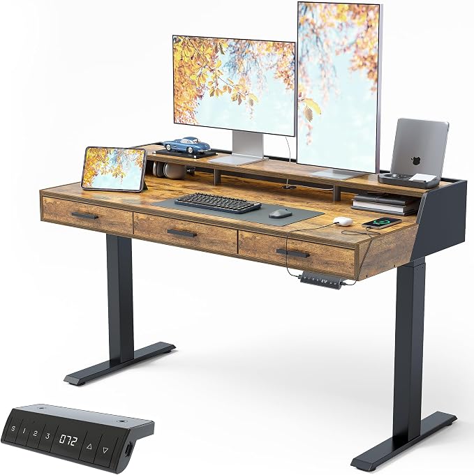 CubiCubi Standing Desk 55x26 Inches with 3 Wood Drawers and Monitor Shelf, Ergonomic Rising Home Office Desks, Height Adjustable Computer Desk, Sit Stand Up Electric Workstation Table, Antique Brown by CubiCubi