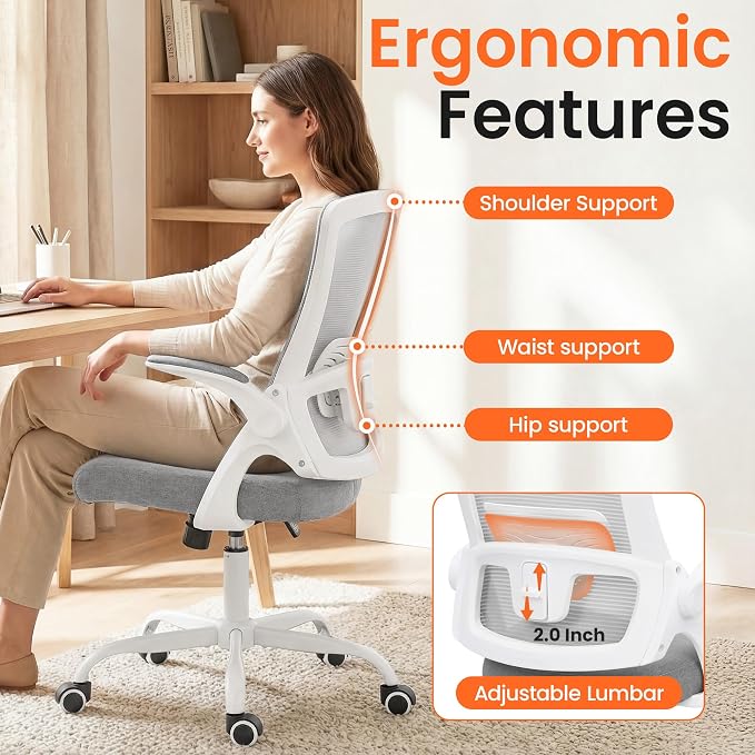 NEO CHAIR Office Desk Mesh Chair with Adjustable Ergonomic Lumbar, Grey | Breathable Mesh Back Support with Flip-Up Armrests and Wide Seat Cushion for Comfortable Home Office Work and Gaming Setup - Image 3