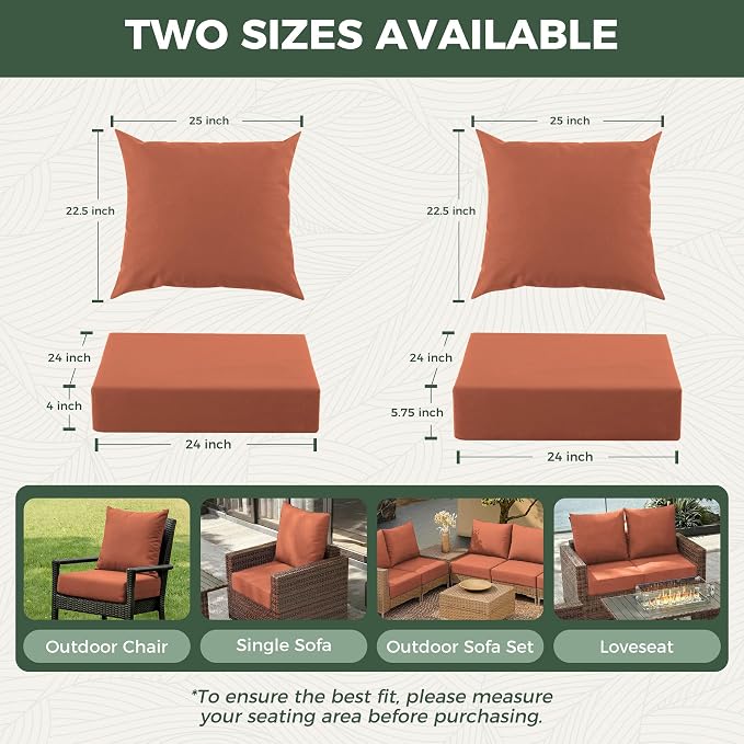 Outdoor Cushions for Patio Furniture, Outdoor Seat Cushion Set 24 x 24 x 5.75 in, Waterproof & Fade Resistant Outdoor Chair Cushions, Patio Chair Cushion with Removable Cover, Set of 6, Spice - Image 2