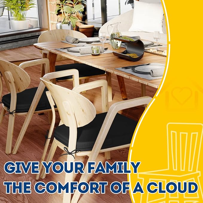 AAAAAcessories D-Shaped Chair Cushions, 2" Thick Dining Chair Pads with Ties and Removable, Machine-Washable Cover, 17" x 16", Set of 6, Black - Image 6