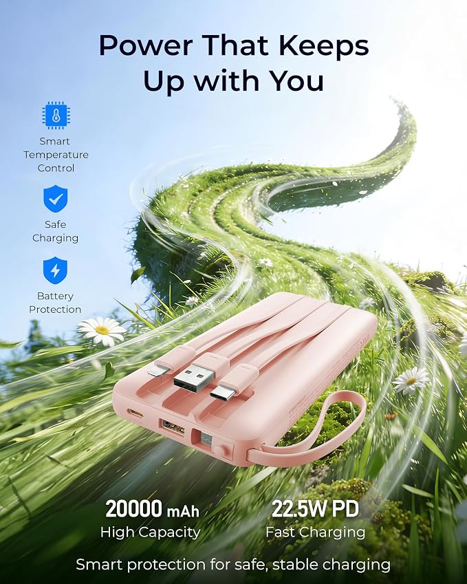 VRURC Portable Charger 20000mAh 4-Built-in-Cable Fast Charging Power Bank | Battery Protection,Flight-Approved,USB-C Cable,22.5W PD,Slim,Travel Essentials,Battery Pack for iPad,iPhone,Galaxy,Pink - Image 3