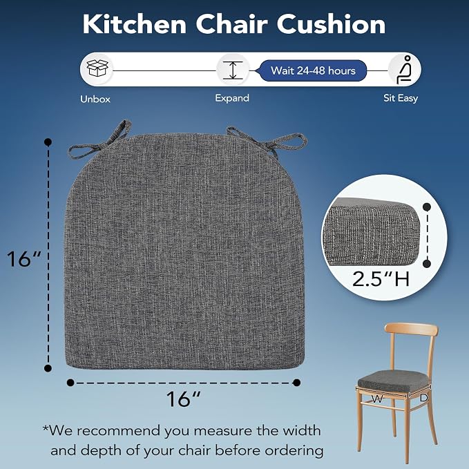 Chair Cushions for Dining Chairs, Non Slip Chair Pads with Ties and Washable Covers, Memory Foam Kitchen Chair Cushions Set of 4, 16"X16"X2.5", Dark Gray - Image 2