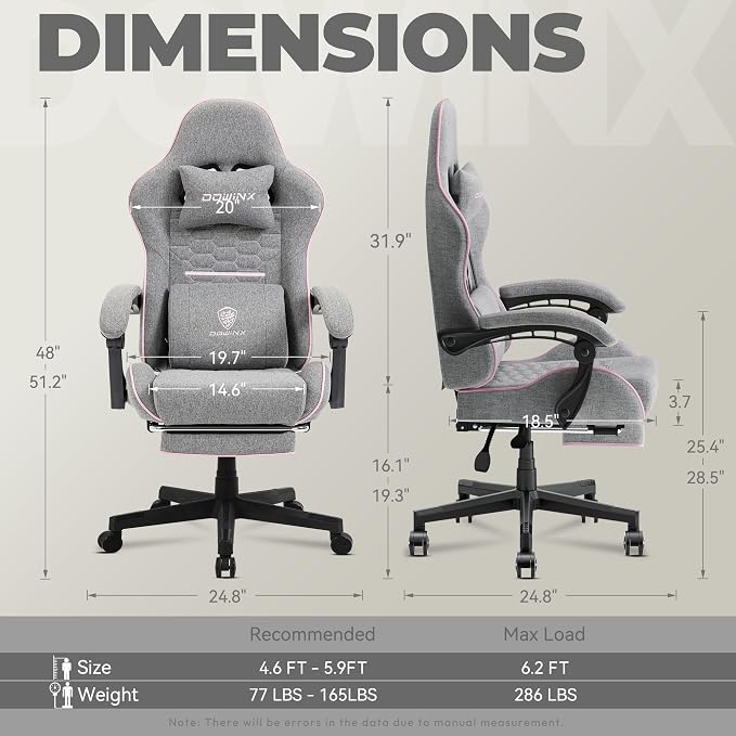 Dowinx Gaming Chair Fabric with Pocket Spring Cushion, Massage Game Chair Cloth with Headrest, Ergonomic Computer Chair with Footrest 290LBS, Pink and Grey - Image 3