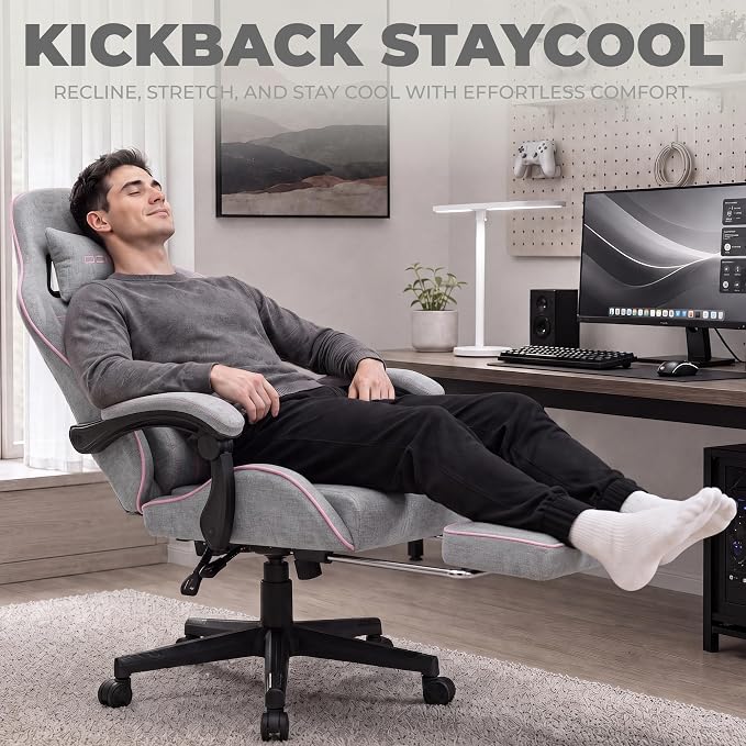 Dowinx Gaming Chair Fabric with Pocket Spring Cushion, Massage Game Chair Cloth with Headrest, Ergonomic Computer Chair with Footrest 290LBS, Pink and Grey - Image 4