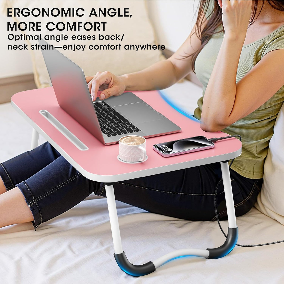 Folding Lap Desk, 23.6 Inch Wood Laptop Bed Desk with Cup Holder, Portable Bed Table for Working Writing Reading & Eating for Bed, Sofa, Couch, Floor - Pink - Image 4