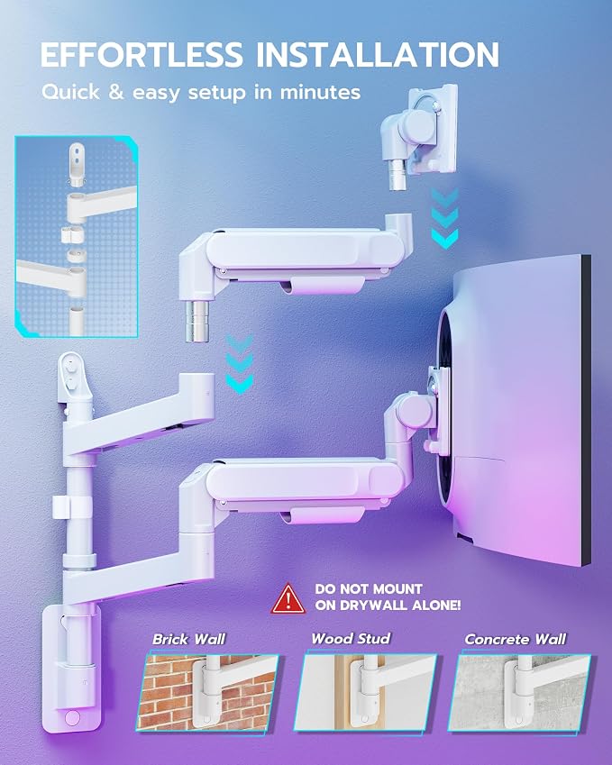 ARES WING Dual Monitor Wall Mount for 24-57 Inch Ultrawide Screen, White | Premium Heavy Duty Gaming Monitor Arm for 60 lbs, Full Motion Gas Spring, Bearing Head for Easy Adjustment, 75/100 VESA Mount - Image 7