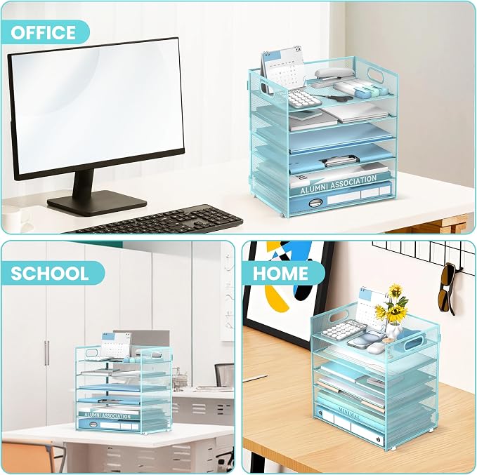 Daltack 6-Tier Paper Organizer for Desk with Handle, Blue | Sturdy Metal Mesh Organizer with Movable Middle Trays and a Carry Handle for Papers, Folders and Office Supplies - Image 6