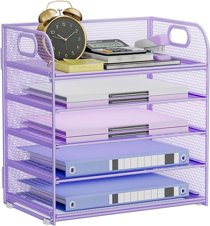 5-Tier Stackable Paper Organizer with Handle, Purple | Metal Mesh Letter Tray, Elegant Desk File Sorter for Office, Home & Classroom Organization by Kinkota