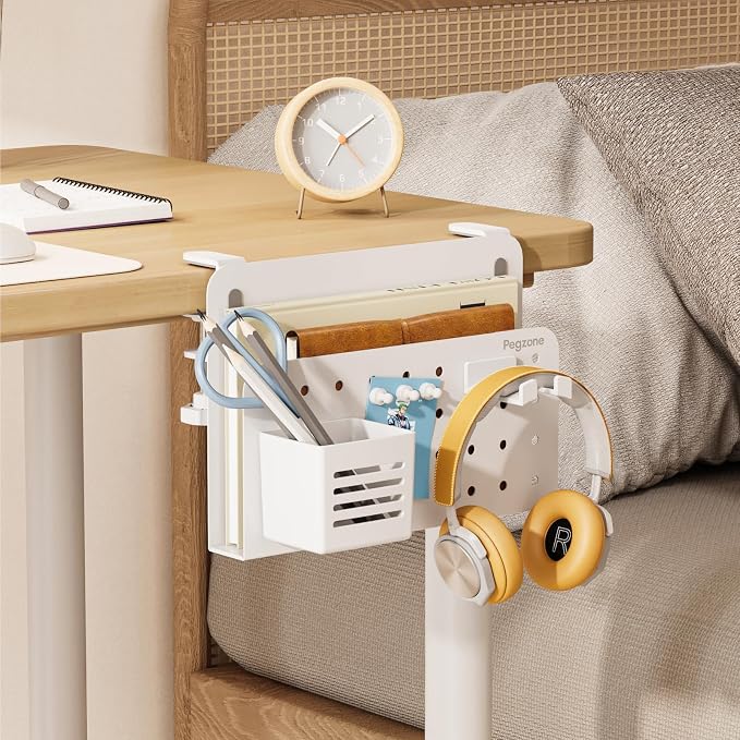 Desk Side Storage Organizer, Fits Flat Edge 0.4" to 2.2", White | No Drill Under Desk Laptop Holder, Clamp on Desks Shelf with Pegboard Accessories, Hanging Laptop Mount - Image 9