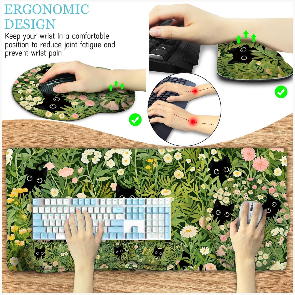 Cat Mouse Pad with Wrist Rest, Green Office Desk Accessories - Image 6
