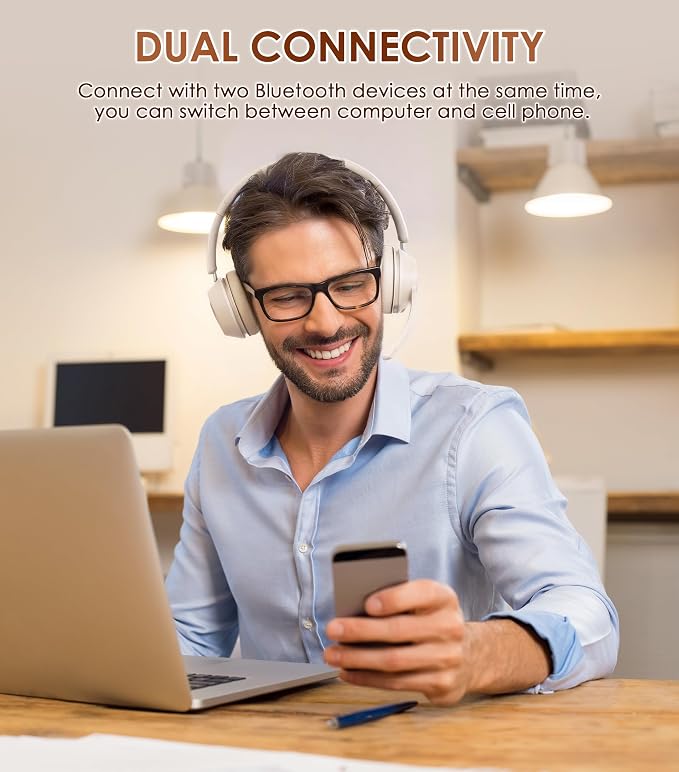 Wireless Headset with Mic for Work, Bluetooth Headset with Noise Cancelling | Headphones with Mic Mute & USB Dongle for PC/Computer/Laptop/Cell Phones/Remote Work/Call Center (Beige White) - Image 3