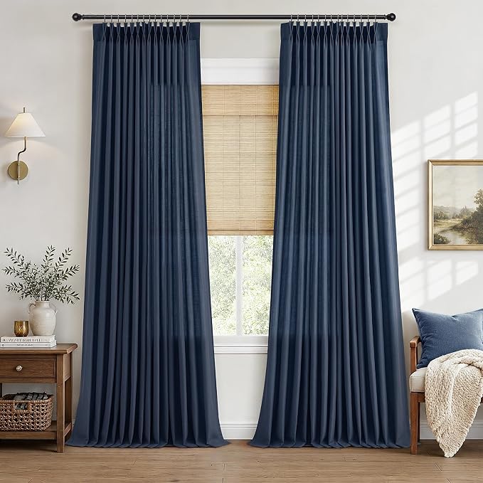 Hokibero Navy Blue Pleated Linen Curtains 102 Inch Long for Living Room | Light Filtering Sheer Curtain,Pinch Pleat Back Tab Hooks Rings,Farmhouse Textured Privacy Drapes for Bedroom Window,2 Panels by Hokibero