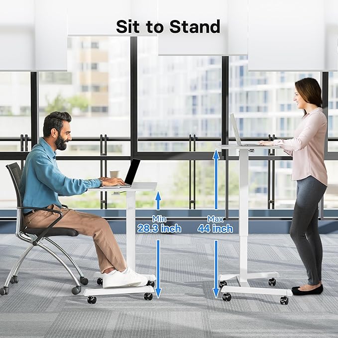 BONTEC Mobile Standing Desk Adjustable Height,Rolling Laptop Cart with Hook | Portable Workstation with Pneumatic Lift, Ergonomic Table with Wheels, Compact Home Office Desk, White 25.6" x 17.7" - Image 3