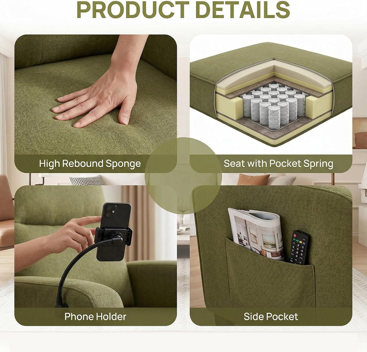 360° Swivel Floor Gaming Chair Linen Folding Chaise Lounge Chair Adjustable Comfy Sofa Chair with Armrests, Phone Holder & Padded Cushion, Ideal for Living Room, Bedroom (Green) - Image 3