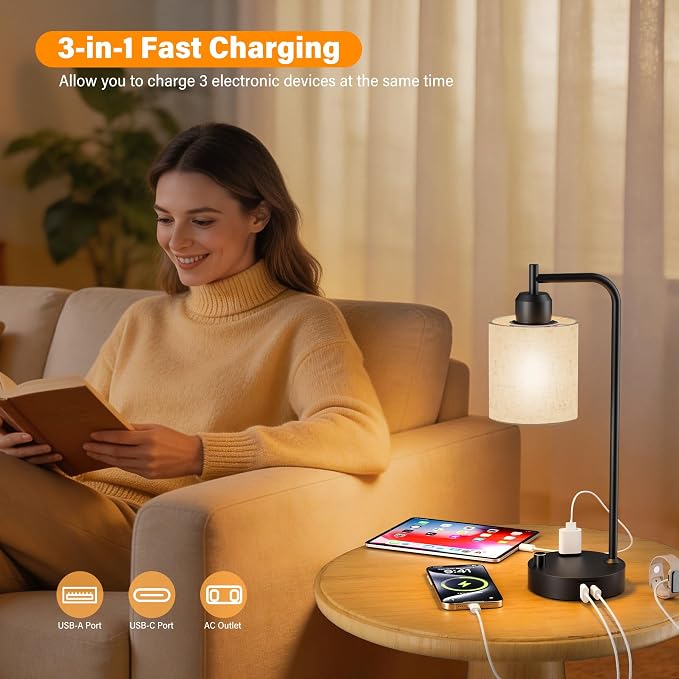 Industrial Table Lamps with Linen Shade, Set of 2 Fully Dimmable Bedside Lamps with USB A+C Ports and Outlet, Black Nightstand Desk Lamps for Bedrooms Living Room Office, 2 LED Bulbs Included - Image 5