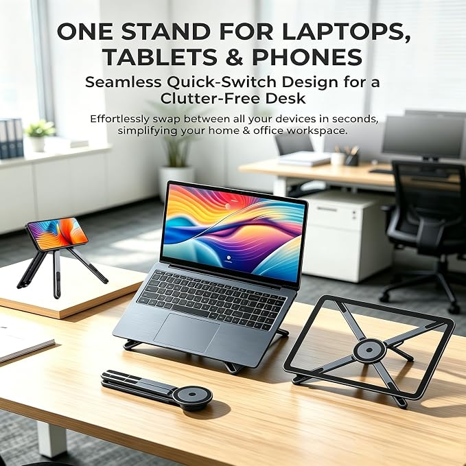 4-in-1 Foldable Laptop Stand with N52 Magnetic Phone Holder, Portable Aluminum Computer Stand for MacBook/ iPad/ Tablet, Adjustable Ergonomic Desk Stand for Home Office College Dorm & Travel Giftable - Image 9