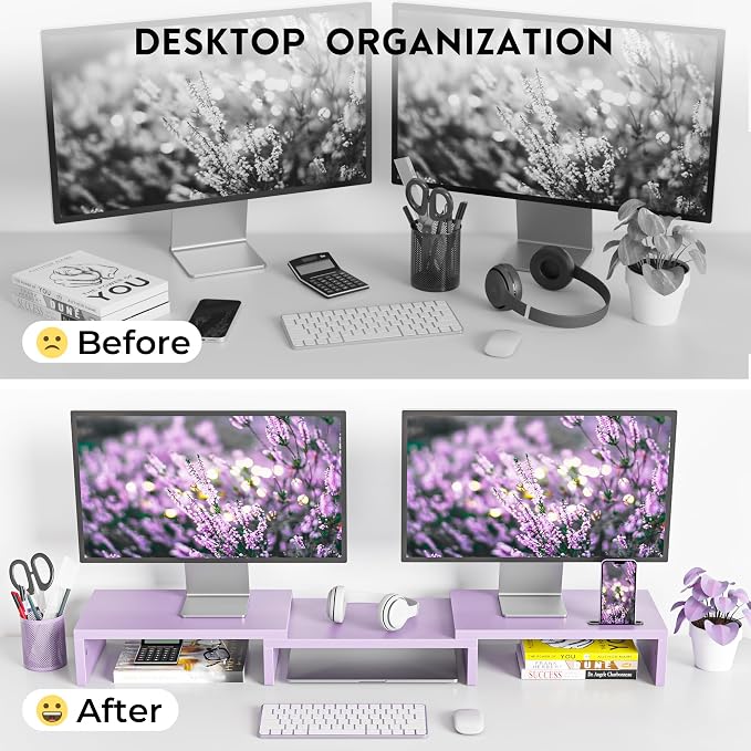 BONTEC Dual Monitor Stand Riser, Adjustable Length & Swivel Angle, Purple | Ergonomic Wooden Desktop Organizer with Smartphone Holder, Computer Monitor Stand for PC, Laptop, Printer and Large Storage - Image 4