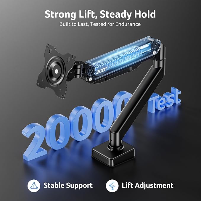 Acer Single Monitor Mount, Fully Adjustable Monitor Arm Fits 17-34" Screens | Gas Spring VESA Mount with C-Clamp & Grommet Base, Computer Desk Arm with Tilt Swivel Rotate Supports 4.4-19.8 lbs - Image 4