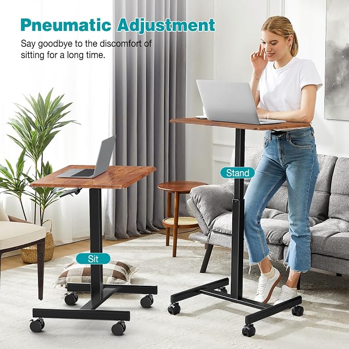 DUMOS Mobile Small Standing Desk, Laptop Desk, Home Office | Portable Rolling Design, 2 Lockable Wheels, Adjustable Height Computer Workstation, 19 Inch, Brown - Image 4
