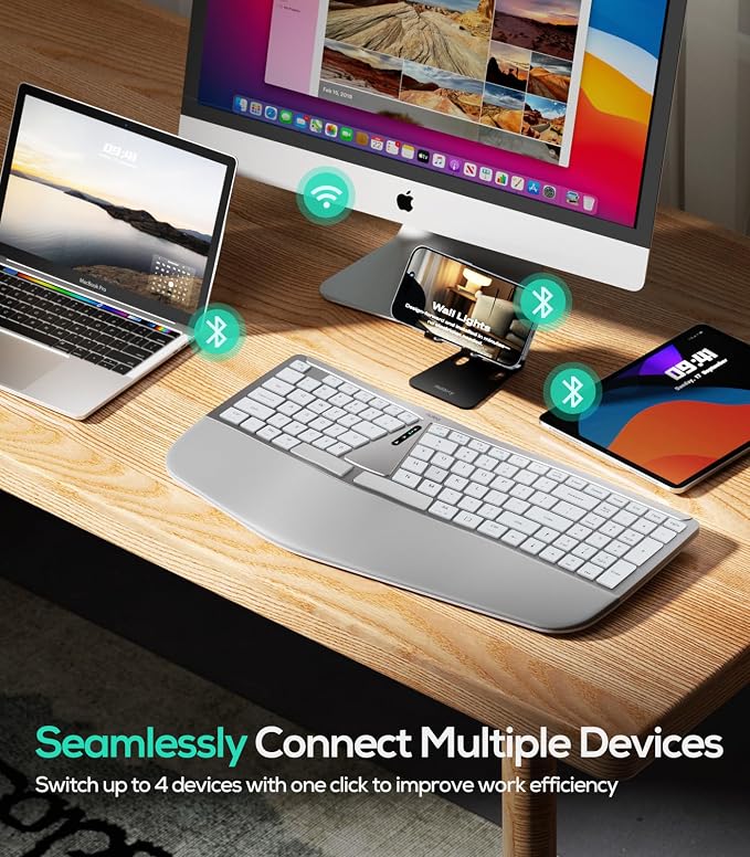 Nulea RT07B Wireless Ergonomic Keyboard - Split Keyboard, Wrist Rest, Natural Typing, Bluetooth and USB Connectivity, USB-C Rechargeable,Compatible with Windows Mac (Pink) - Image 3
