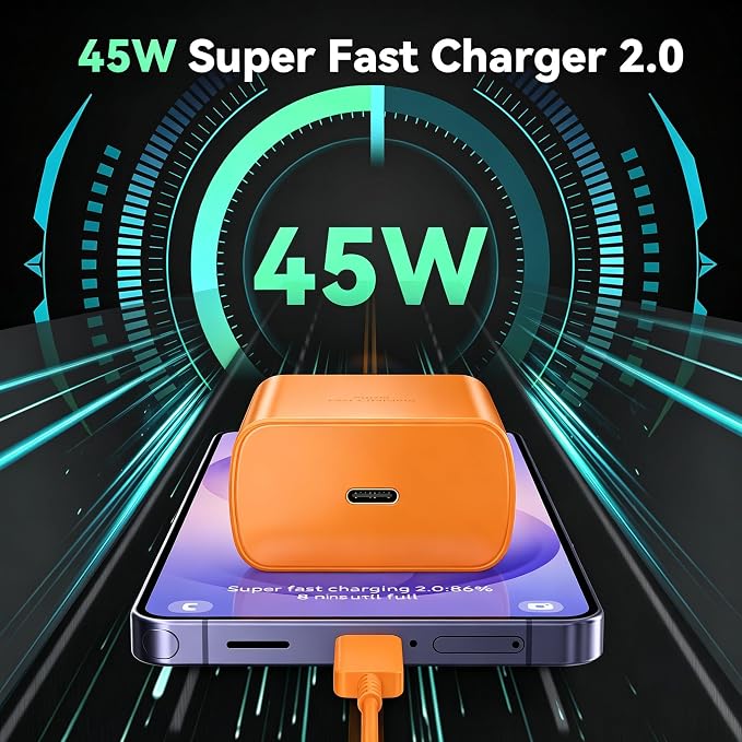45W Super Fast Charger USB C Android Phone Type C Charger Fast Charging Block with 6.6FT Charge Cord for Samsung Galaxy S25 Ultra/S25+/S24 Ultra/S24+/S23 Ultra/S23+/S22/S21/S20/Note 10, Orange - Image 6