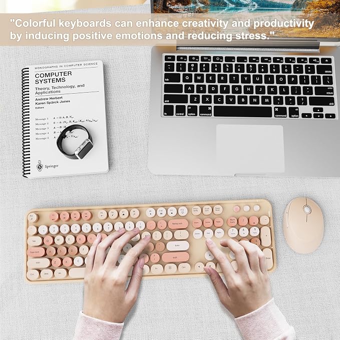Wireless Keyboard and Mouse Combo, Ergonomic Full Size Typewriter Retro Round Keycaps Keyboard, Compatible with Windows, PC, Perfer for Home and Office Keyboards (Chocolate Color) - Image 7