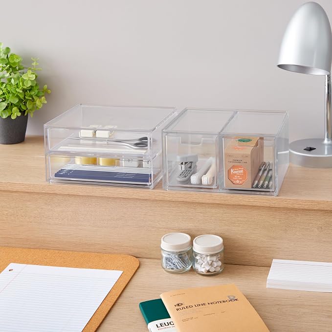 STORi Stackable Desk Organizer Drawers, Clear Pen Pencil Makeup Brush Holder for Desktops and Vanities, 4 Multi-size Drawers (Made in USA) - Image 5