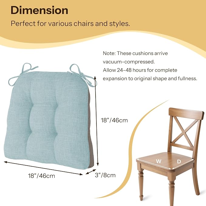 Chair Cushions for Dining Chairs Set of 4, 18"x18"x3", Aqua Blue | Non-Slip with Ties, Tufted, Faux Linen, Seat Cushions for Dining Room Kitchen Breakfast Nook Indoor Home Office Living Room - Image 2