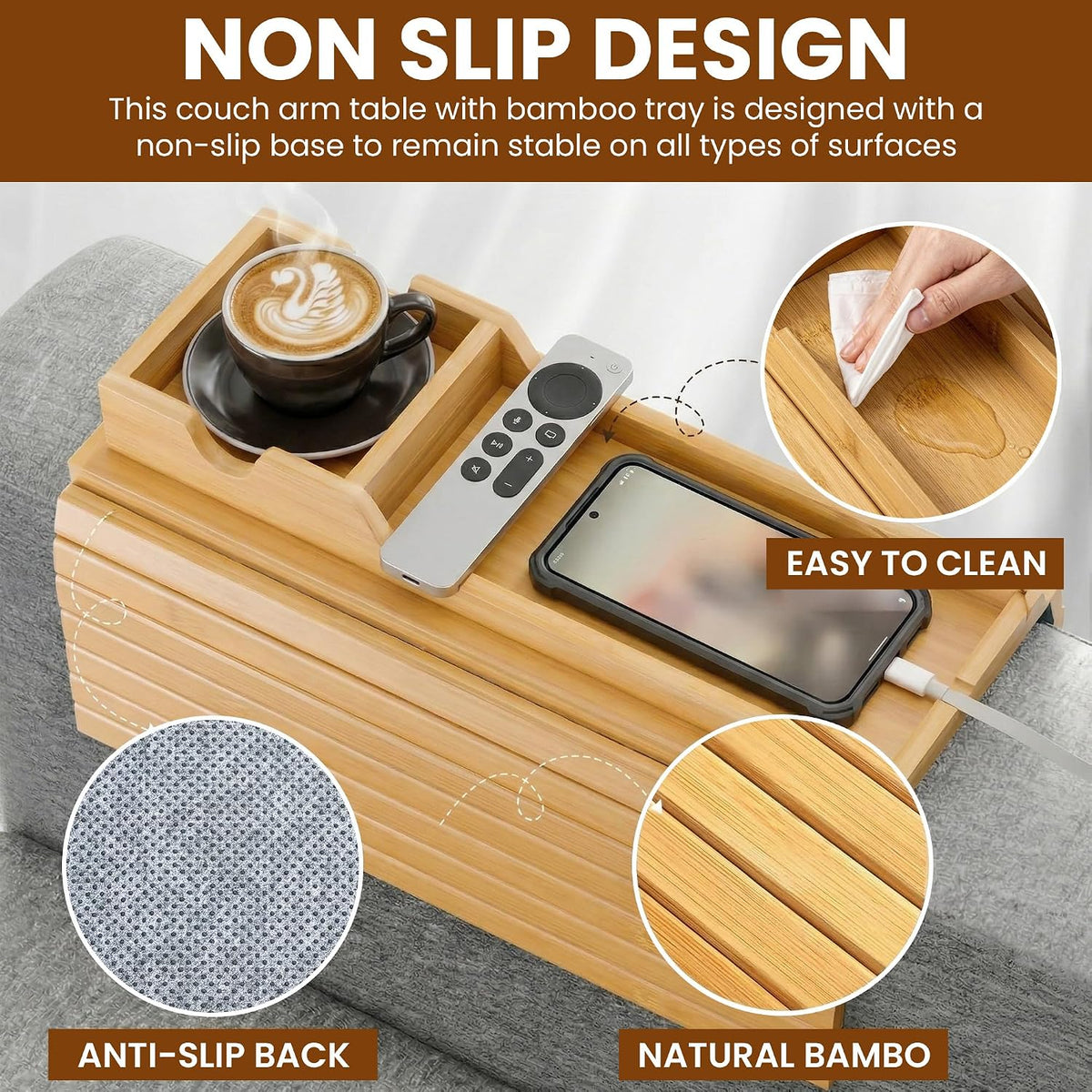 Couch Arm Tray with Cup Holder 3-in-1 Bamboo Sofa Armrest Table - Image 3