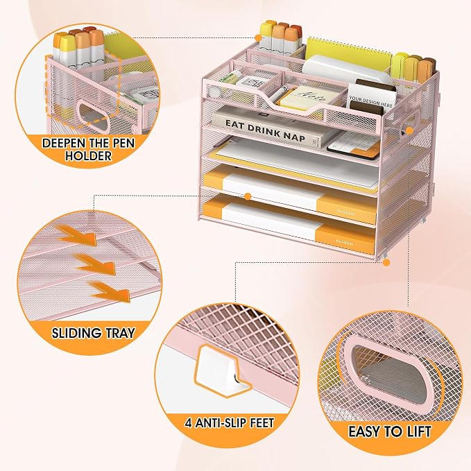 5 Tier Paper Letter Tray Desk Organizer with Pen Holders - Pink | Features 3 pen holders and 4 removable dividers.Versatile mesh desktop storage for mail, document,office supplie - Image 4