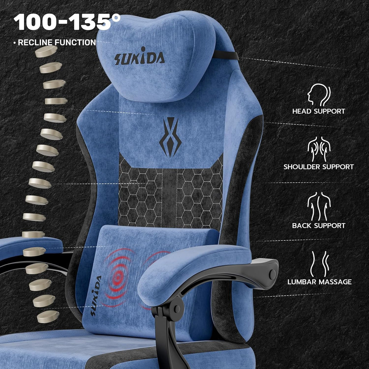 SUKIDA Fabric Video Gaming Chair, Ergonomic High-Back Computer Game Chairs with Large Massage Adjustable Lumbar Support, Headrest and Linked Armrests for Long Hours Sitting Task Chair, Black Blue - Image 4