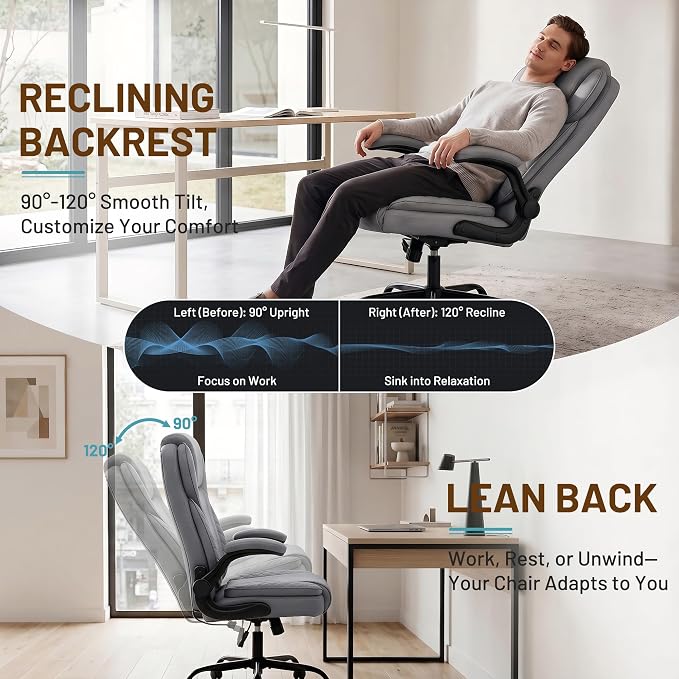 Ergonomic Office Chair, PU Leather High Back Executive Chair with Adjustable Inflatable Lumbar Support and Padded Flip-Up Arms, Recline Swivel Task Computer Chair for Home Office, Gray - Image 6
