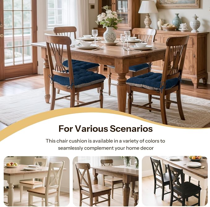 Chair Cushions for Dining Chairs Set of 4, 18"x18"x3", Navy | Non-Slip with Ties, Tufted, Faux Linen, Seat Cushions for Dining Room Kitchen Breakfast Nook Indoor Home Office Living Room - Image 5